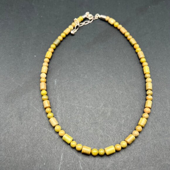 Green Stone Beaded‎ Necklace Round Tube Silver Tone - Picture 6 of 7